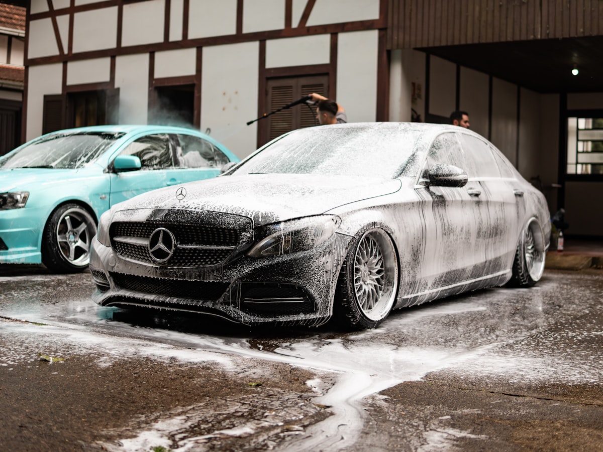 Foam cannon wash setup representing the Foam Cannon Drying Dock concept